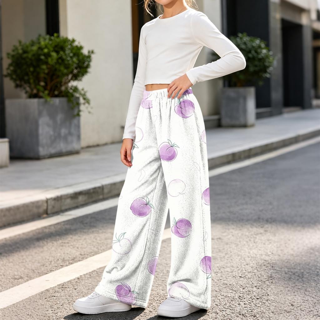 Girls' Warm Flannel Pants with Print, Loose Fit Casual Long Pants for Fall and Winter