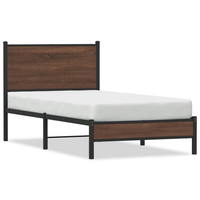 VidaXL Metal Bed Frames with Brown Oak Headboard 90x200 Cm, Single Bed, Bedroom Furniture, Guest Bed, 4007915