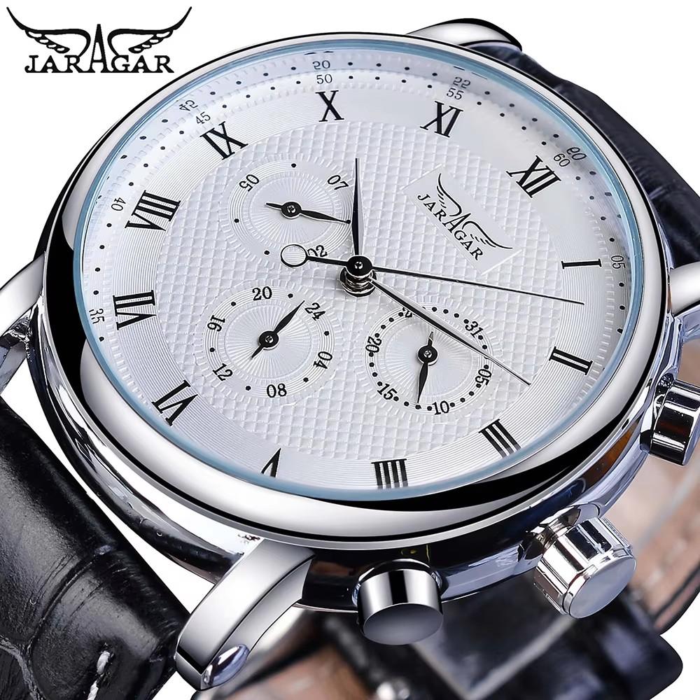 

Men s Automatic Mechanical Watch Six Needle Roman Numerals Dial Genuine Leather Strap Week Date Business Watches білий