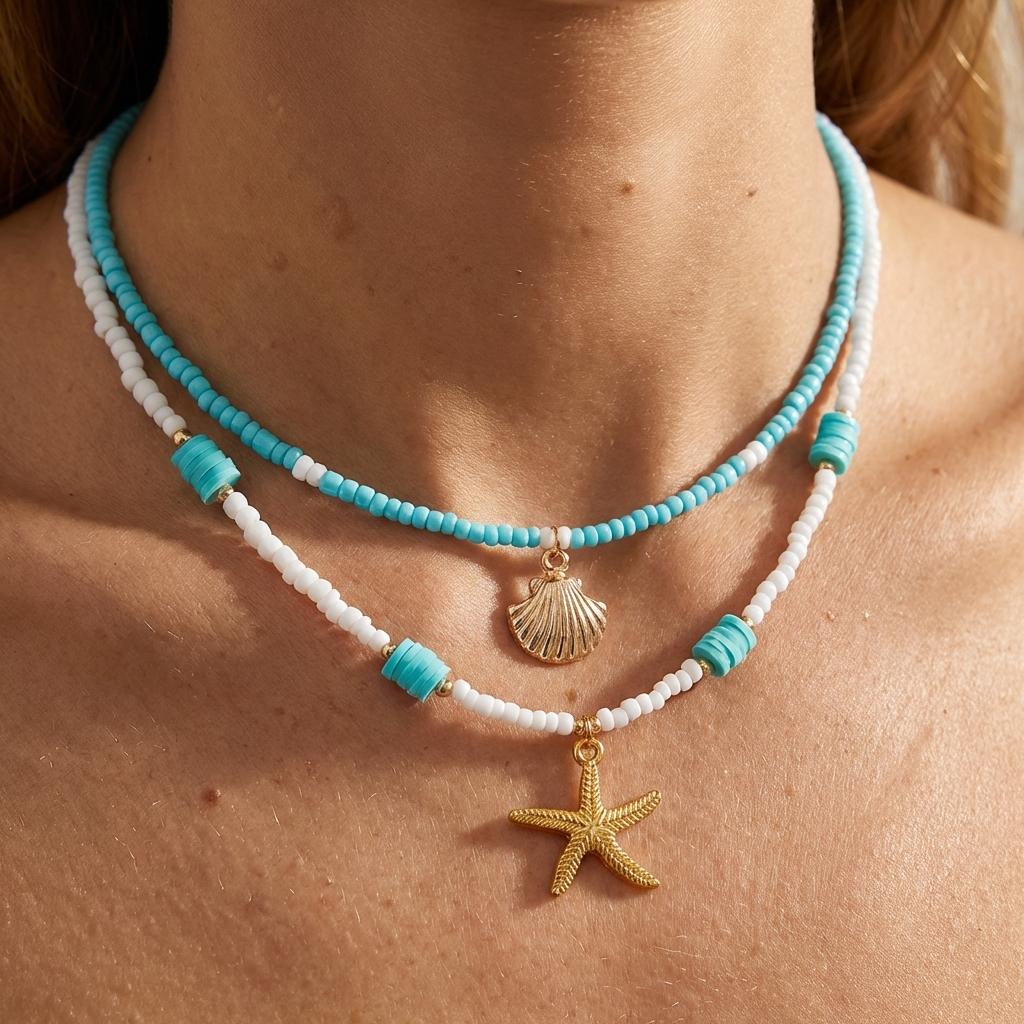 Starfish Shell Beaded Double Layer Pendant Necklace Bohemian Style Beach Vacation Accessory Women s Versatile Necklace