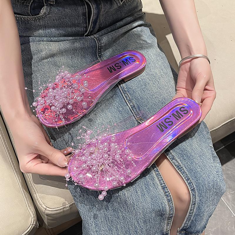 

Модные ПВХ Прозрачные Жемчужные Сандалии Женские Летние Кружевные Фиолетовые Серебристые Мюли Шлепанцы Женские Блестящие Цветочные Уличные Тапочки 40 фиолетовый