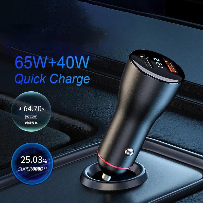 

P5C Type-C+USB Dual Port Digital Display PD 65W Fast Charger for 12V-24V Cars