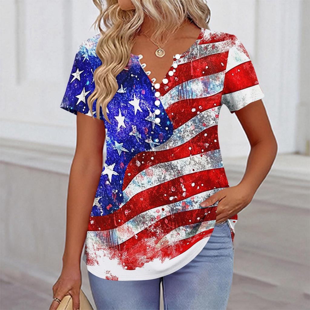 Women’s Casual V Neck Short Sleeve Button Front Top with Star Print Relaxed Fit Comfortable Summer Shirt