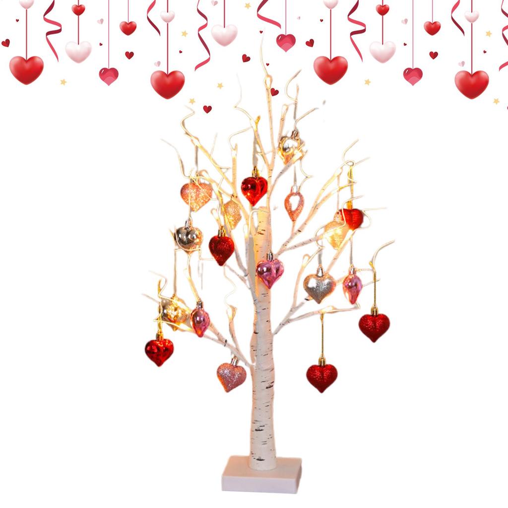 Valentine's Day Birch Tree Lighted Decor 24 LED Lamp Light Tree With 18 Heart Ornaments Romantic Branch Tree Decorative Lights