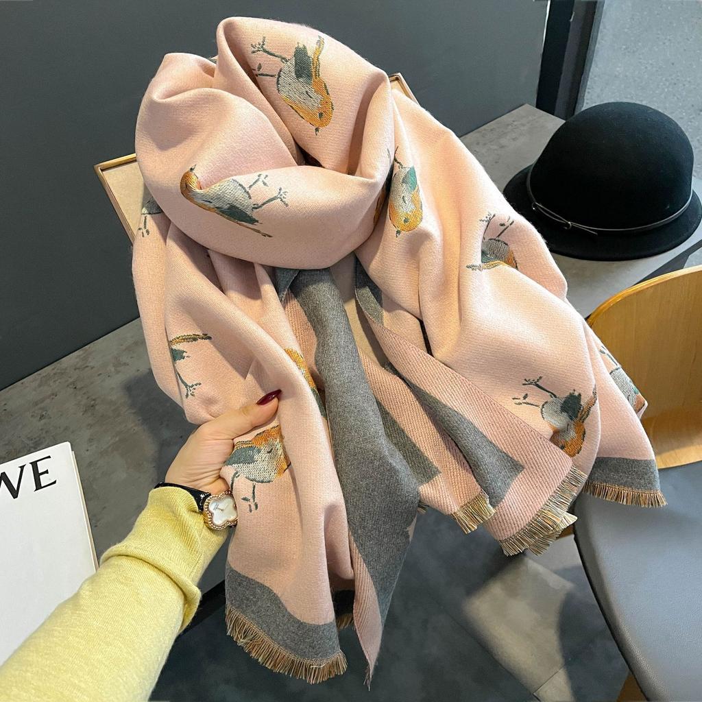 Women S High Grade Thick Warm Faux Cashmere Scarf Green Bird Pattern Air Conditioning Shawl Long Neck Wrap