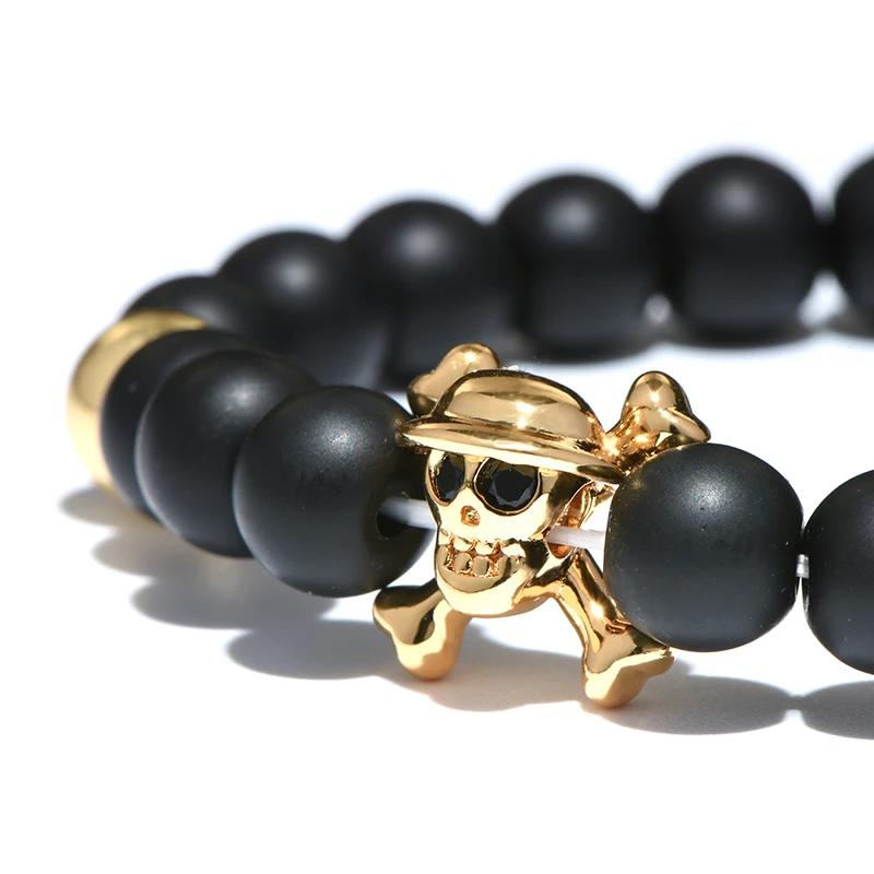 New Pirate Skull Bracelet Men 8mm Black Onyx Beaded Braslet Gothic Wolf Animal Braclet Male Accessories Gift For Boyfriend Joias