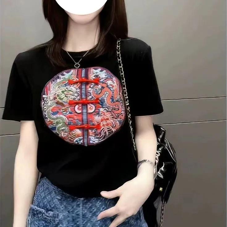Women Summer Chinese Style Vintage Embroidery T-shirt Ladies Loose Casual Short Sleeve Tee Top Pullovers