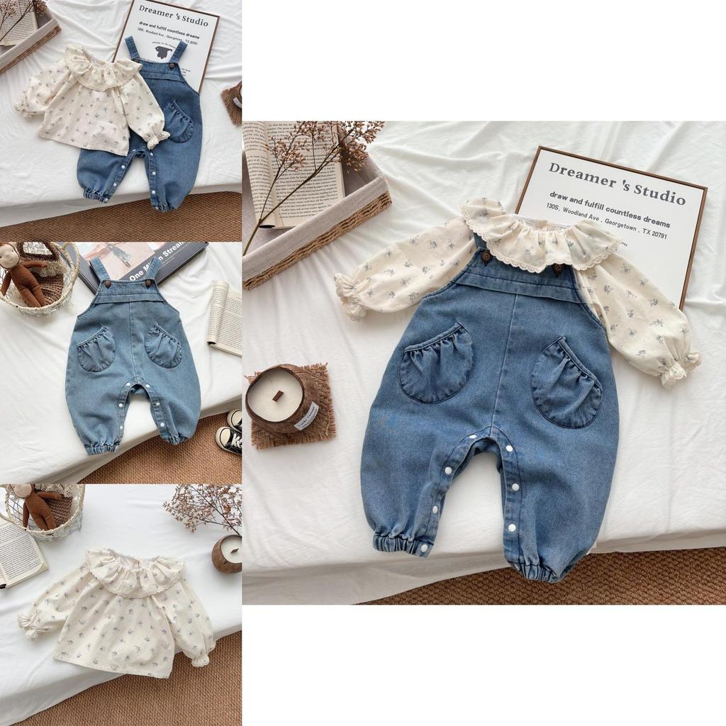 Baby Girl Spring Fall Denim Overalls Set With Cotton Fabric For Toddler Girls