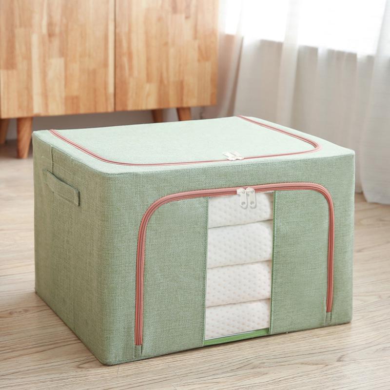 Waterproof Cotton & Linen Storage Box with Steel Frame - Foldable, Moisture-Proof, Large Capacity, Fabric Quilt Bag with Cover