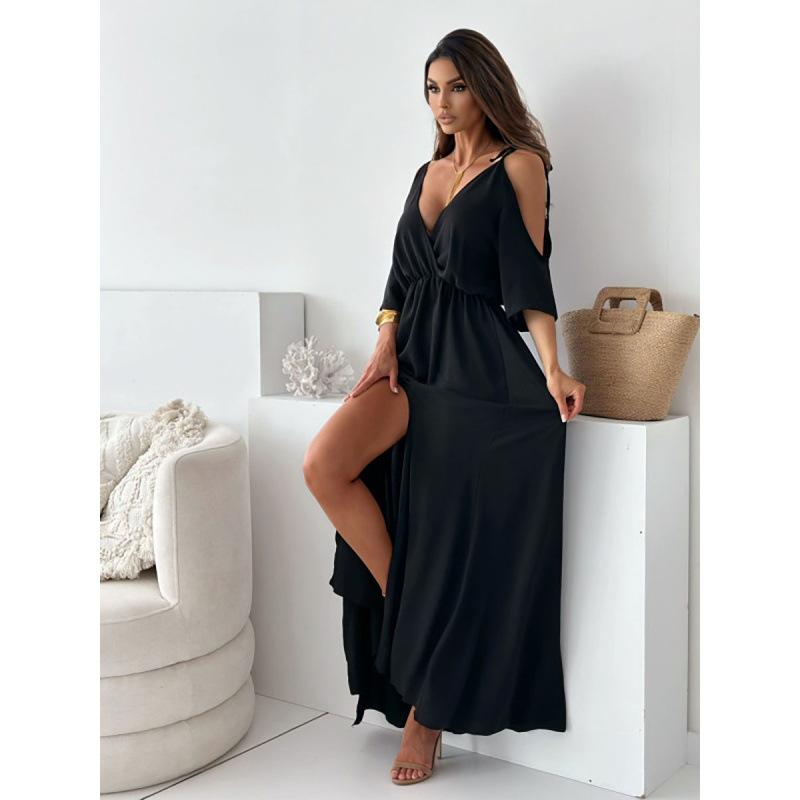 

Europe, America, off-the-shoulder sleeves, sexy suspenders, V-neck skirt with split ends, dress S чёрный