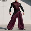 INCERUN Two-piece Men Long Sleeve Striped Mesh Sheer Bow Tops and Pants Sets