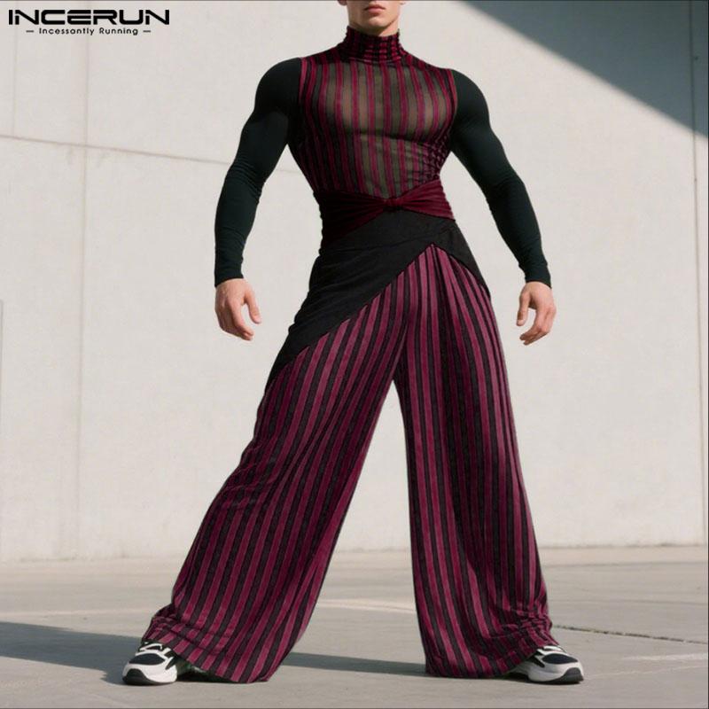 INCERUN Two-piece Men Long Sleeve Striped Mesh Sheer Bow Tops and Pants Sets