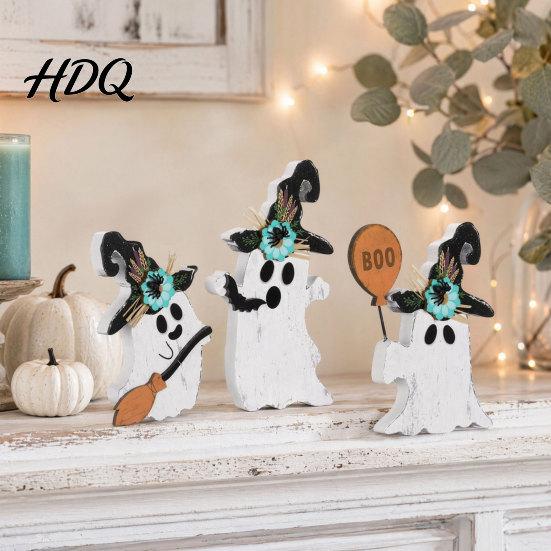 Spooky Table Decorations 3Pcs Halloween Decoration Black Cat Ghost Witch Hat Decor Centerpiece Rustic Farmhouse Wooden Centerpieces for Home Office