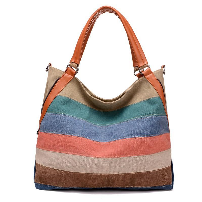 Korean Preppy Canvas Women s Handbag Contrasting Color Bag Striped Fashionable Retro Large-capacity Single-shoulder Cross-body
