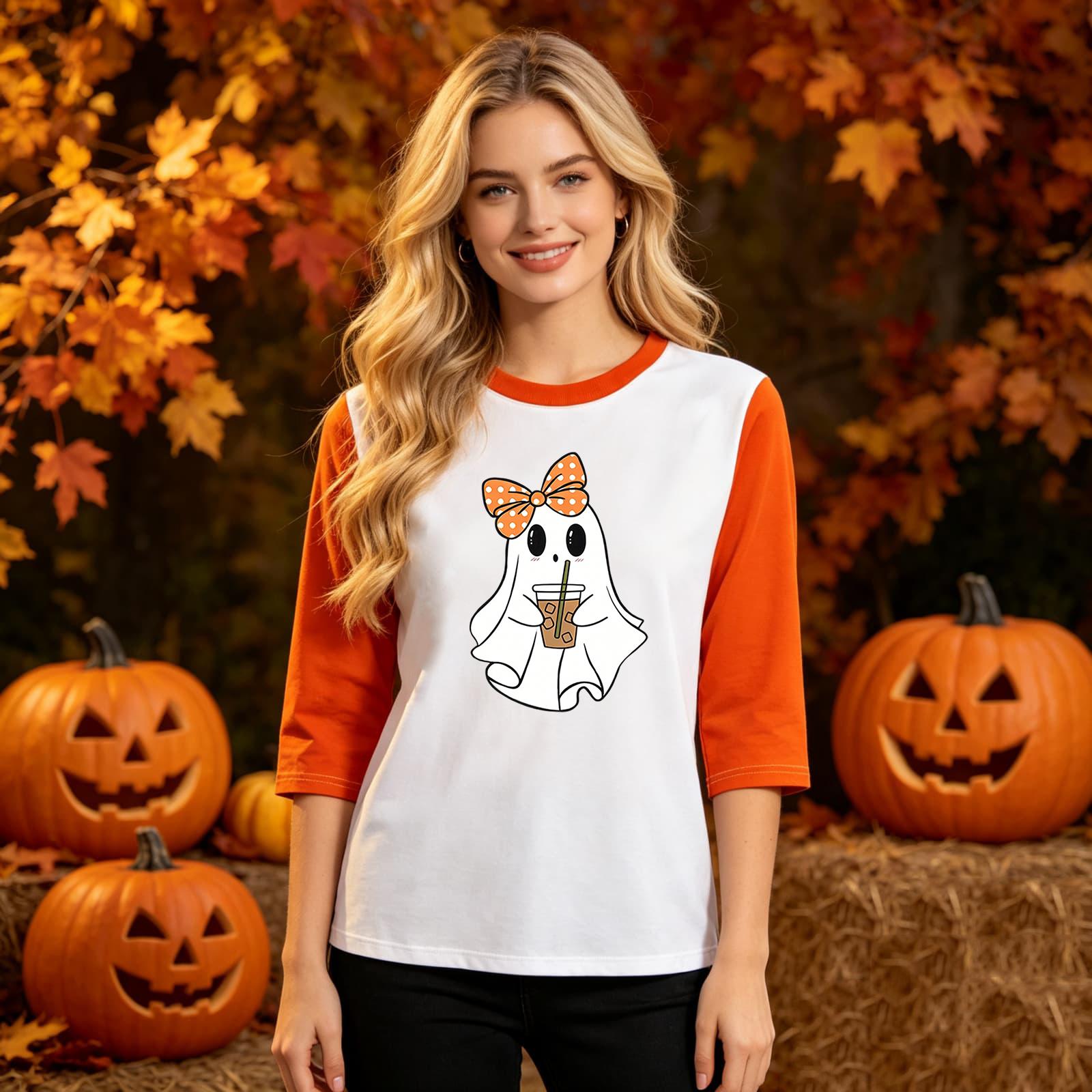 Women s fashion casual three-quarter sleeve halloween printed round neck top XL
