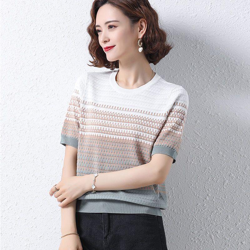 Women's Plus Size Striped Short Sleeved Knitted T-shirt Middle-aged Women's Clothing Ice Silk Knitted T-shirt