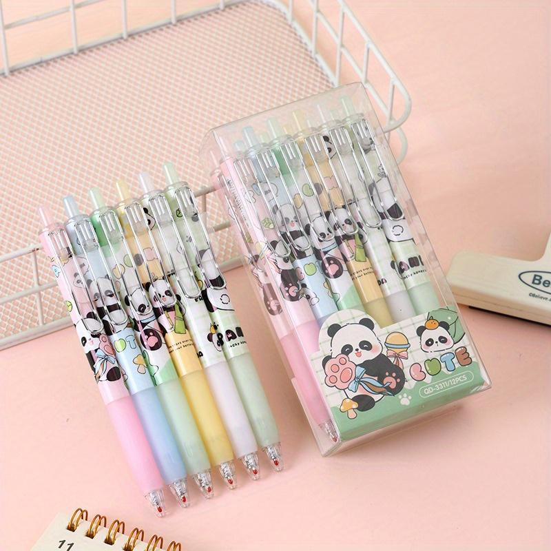 12pcs Cartoon Panda Box Press Pen Cute Metal Pen Clip Press Neutral Pen Black Signature Pen ST0.5mm Black Back To School Season