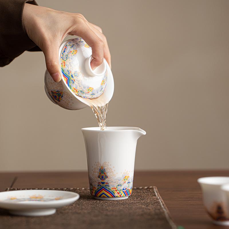 Suet jade wisteria flower three talents cover bowl teacup high-end three-piece set Ru kiln tea making Kung Fu tea set tea bowl can be hovering