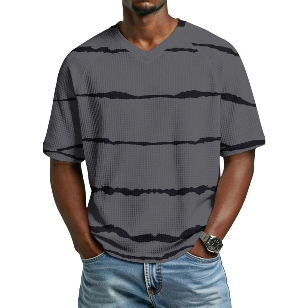 Men's Casual Stylish Striped Texture Printed Short-sleeved Shirt Men's Breathable V-neck Short-sleeved Top