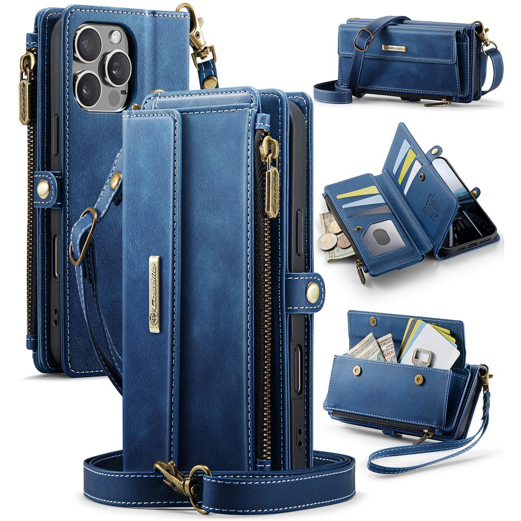 For iPhone 14 Pro Max Case CASEME C39 RFID Blocking Zipper Wallet Stand Leather Cover with Strap