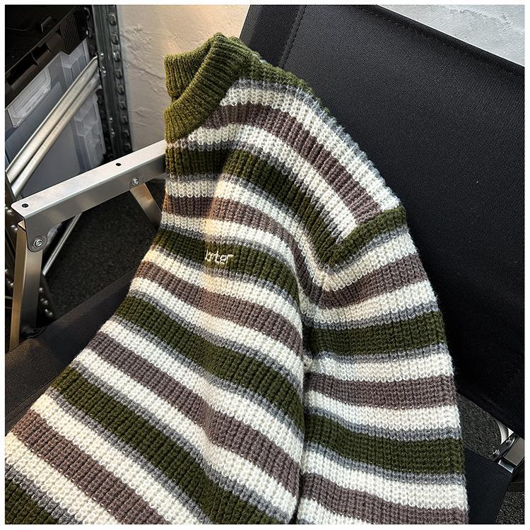 Men's Japanese Retro Striped Sweater - Thick Knit, Round Neck, Loose Fit for Autumn/Winter