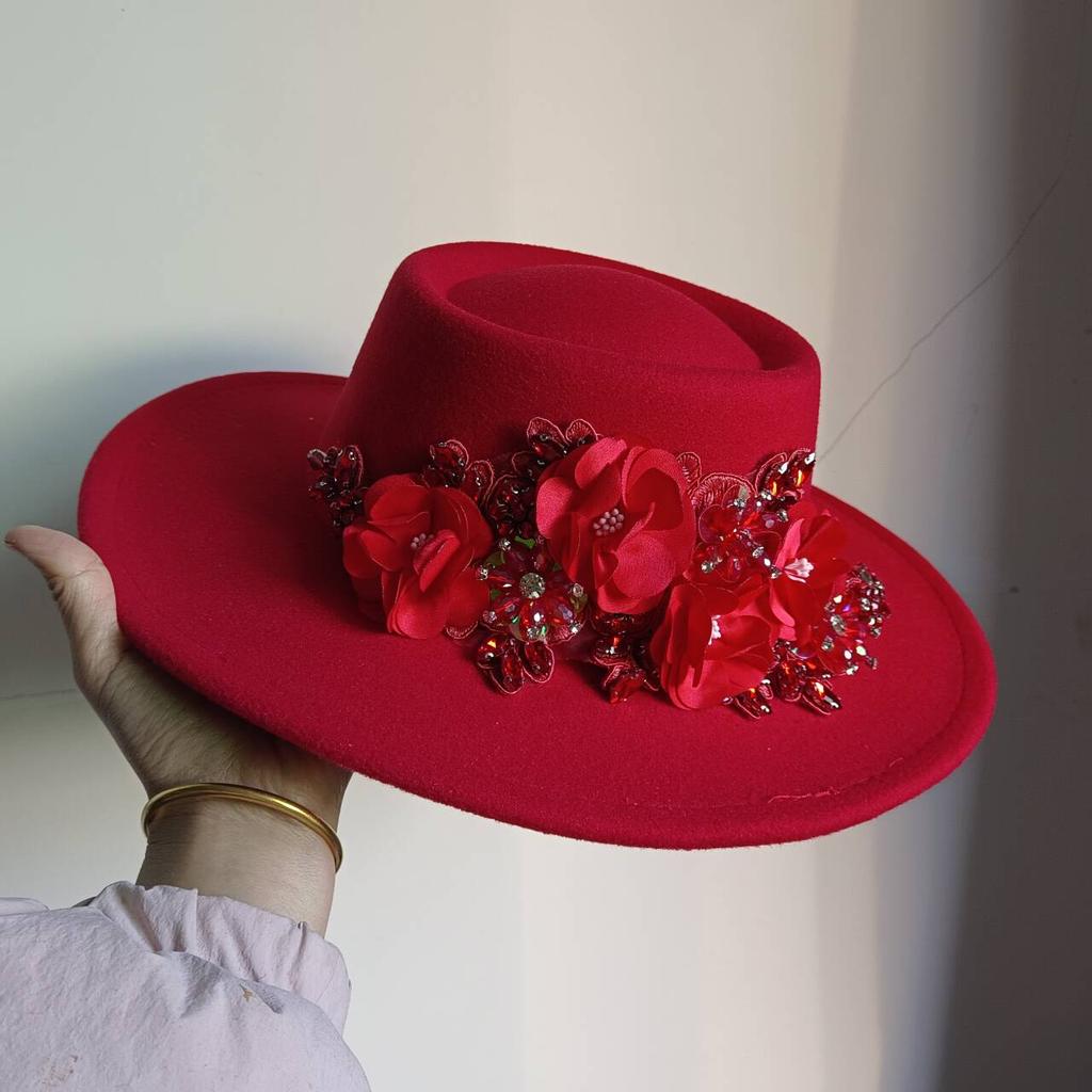 Dark Brown Faux Floral Felt Hat Wedding Hat Women'S Jazz Hat Panama French Elegant Felt Hat Somprero Mujer Chapeau Femme Luxe