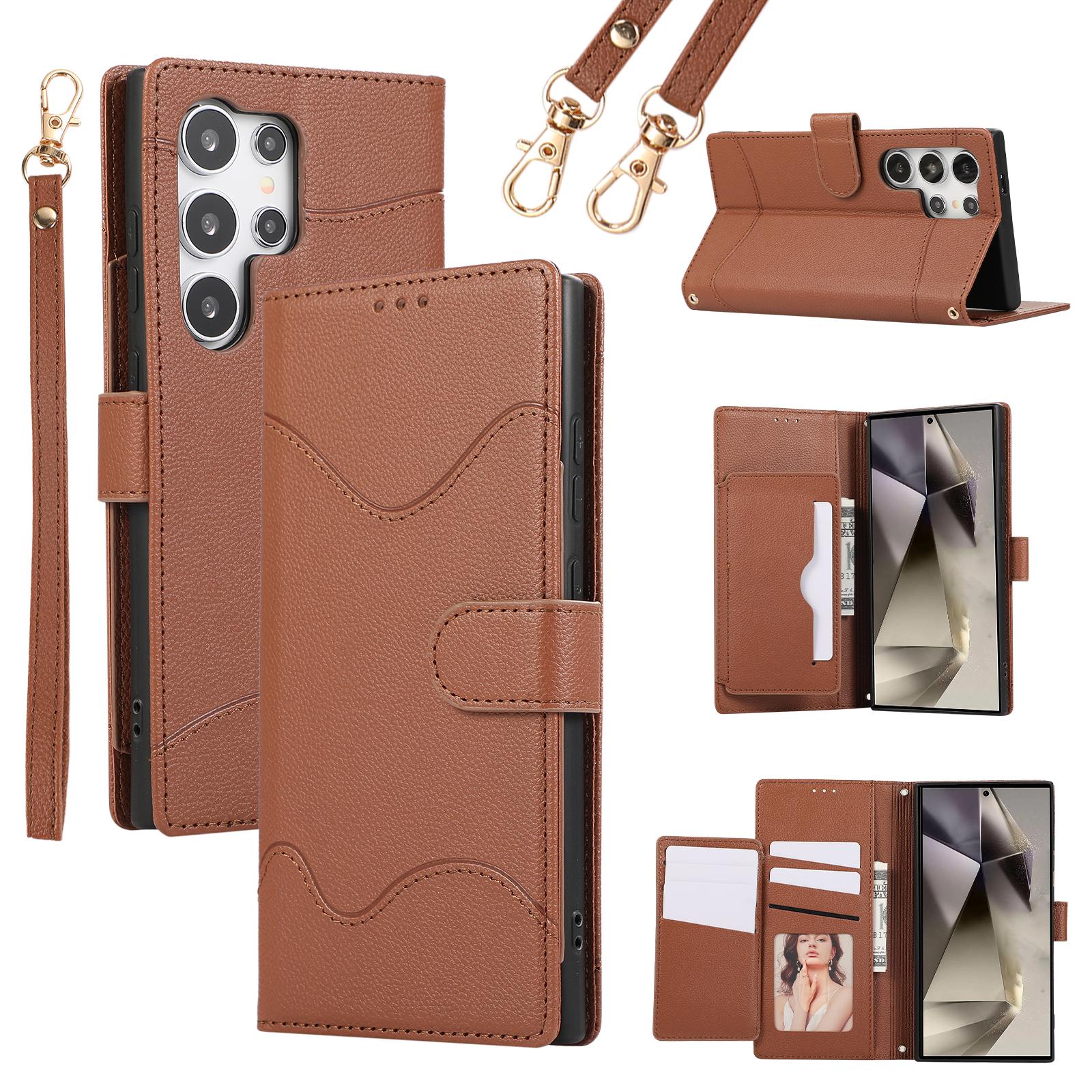 

For Samsung Galaxy S24 Ultra Leather Phone Case with Card Holder,Wallet,Straps Protective Flip Cover Brown