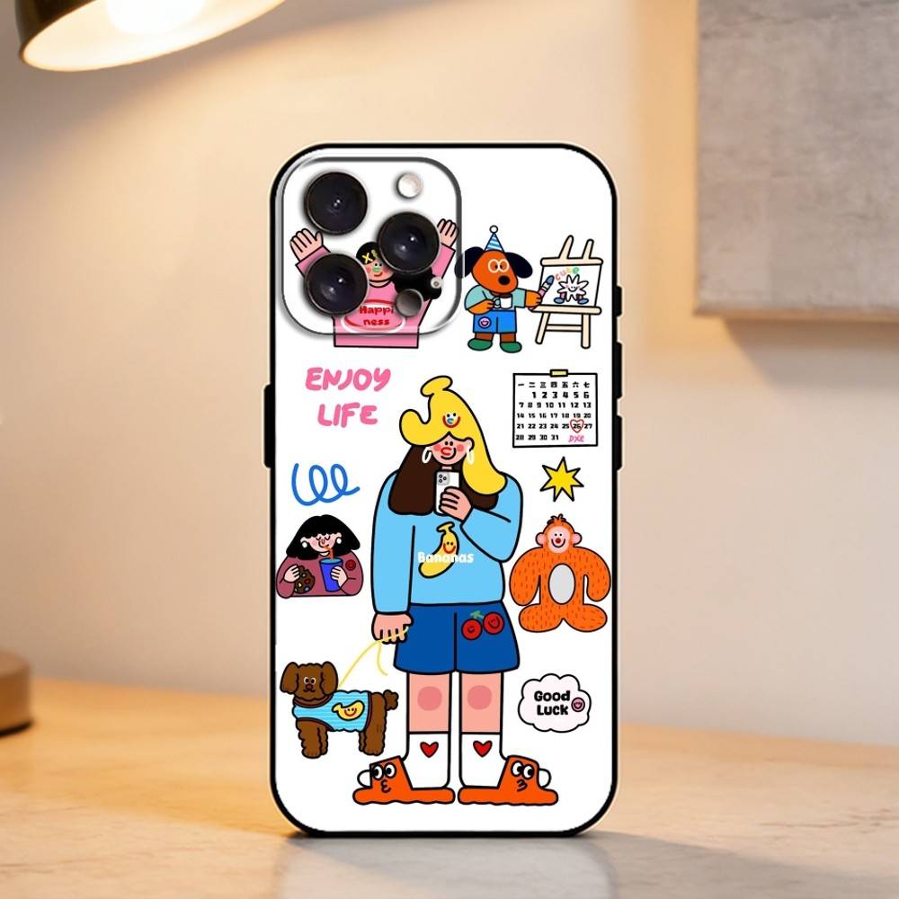 Ins Korean funny and happy girl Phone Case For iPhone 17,16,15,14,13,12,11 Plus,Pro Max,XS,Soft Silicone Black Cover