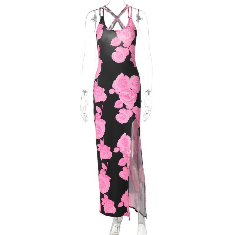 

Western Style Ins New Fashion U-Neck Print Long dress Sexy Backless Sling Split Sling Dress Women Pink L