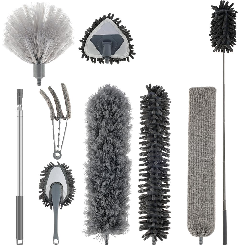 9Pcs Microfiber Feather Duster Brush Set Extendable Telescoping Pole Bendable Chenille Dusters Washable Household Cleaning Tools
