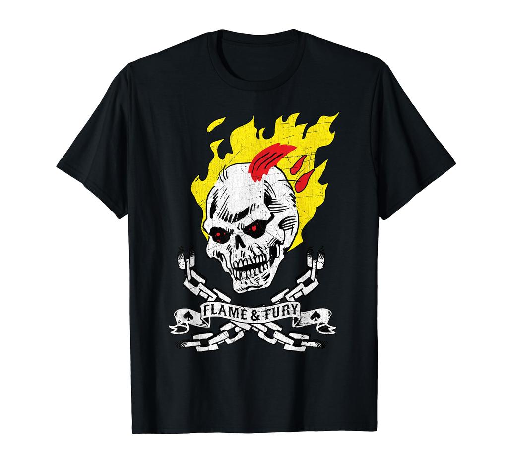 Ghost Rider Skull Flame & Fury Cross Chain Graphic Tee T-Shirt