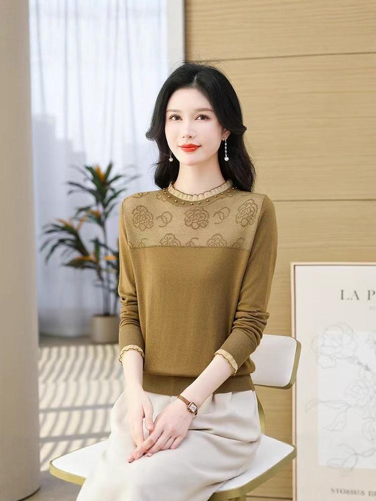 Damen Merino-Wolle Basisschicht mit Spitze und Lochmuster - Altersreduzierender Rundhals-Pullover für Herbst/Winter