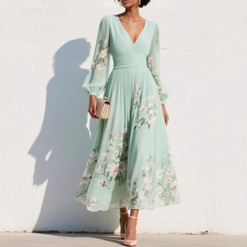 European and American women's clothing new digital printing flower V-neck pleated long-sleeved dress women