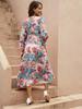 Real spot European and American multi-color irregular geometric printing deep v waist lantern long sleeve big pendulum dress