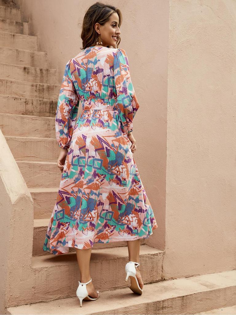 Real spot European and American multi-color irregular geometric printing deep v waist lantern long sleeve big pendulum dress