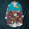 Women's Loose Ruffled Retro Floral Print Stand Collar Long Sleeve Cotton And Linen Top
