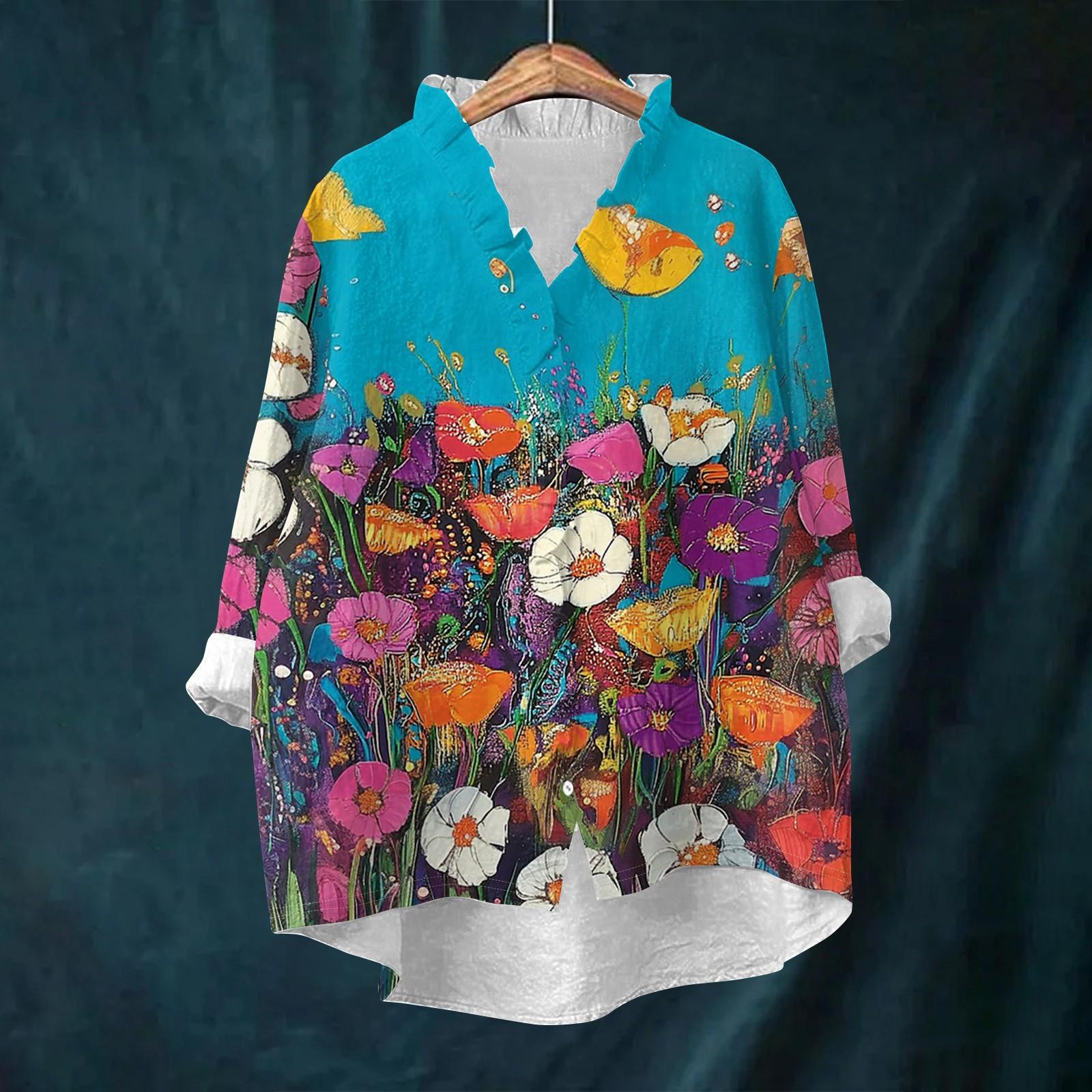 

Women s Loose Ruffled Retro Floral Print Stand Collar Long Sleeve Cotton And Linen Top M