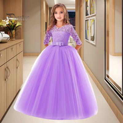 Mädchen Prinzessin Kleid Blumenspitze Halbarm Rundhalsausschnitt Schleife Elegant Kinder Puffy Tüll Langes Maxikleid Hochzeit Festzug Party Abschlussball Formeller Ball