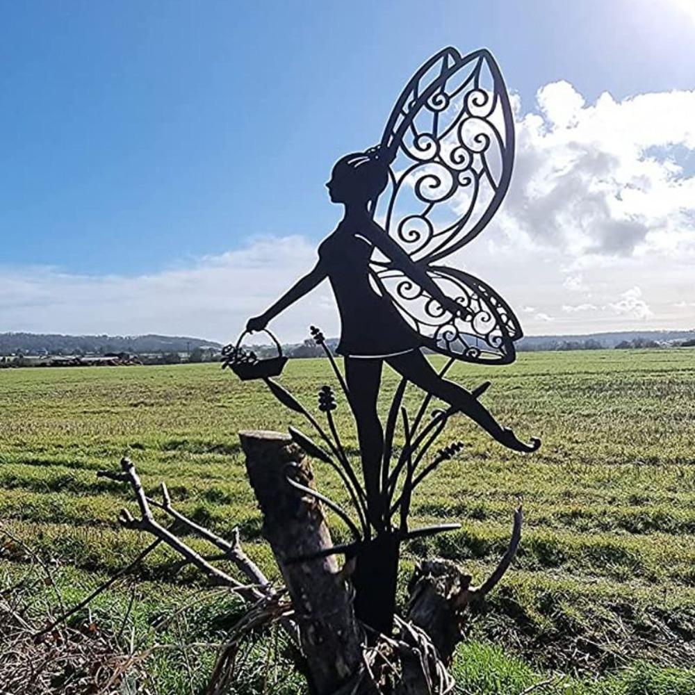 Black Fairy Metal Statue for Garden Flowerbed Decoration