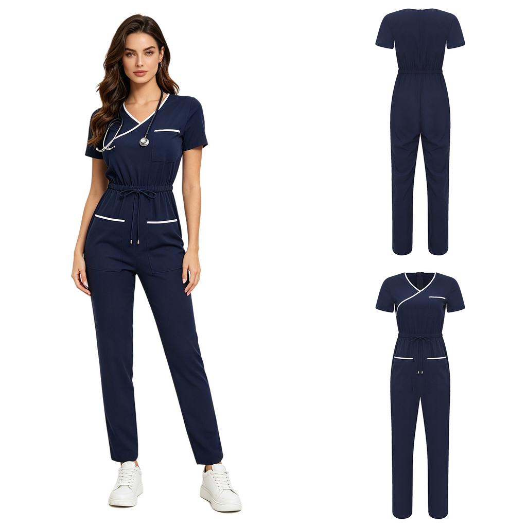 Damen Medizinischer Einteiler Jumpsuit Kurzarm Kordelzug Taille Elastischer Rücken Reißverschluss Taschen Arbeitskleidung