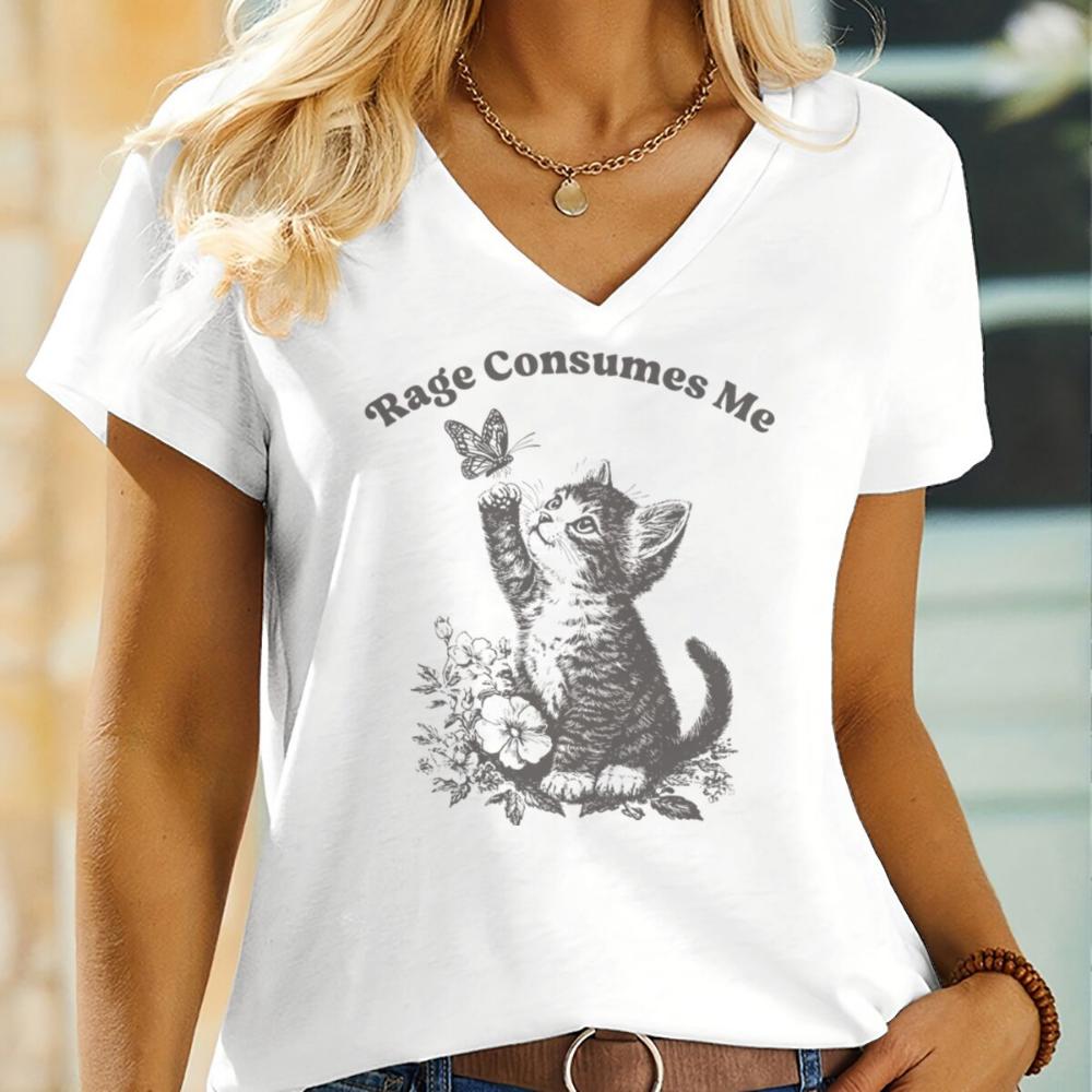 

Rage Consumes Me Fun Cat Graphic T-shirts Humor Short Sleeve Tee Shirt for Women V-Neck Fun Animal Unisex T Shirt Fashion Tops S