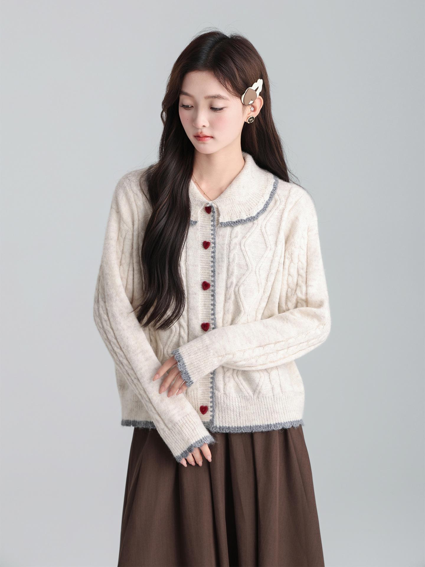 

Apricot doll collar sweet rhombus contrasting knitted sweater women s autumn and winter loose lazy jacket top One size fits all абрикосовый
