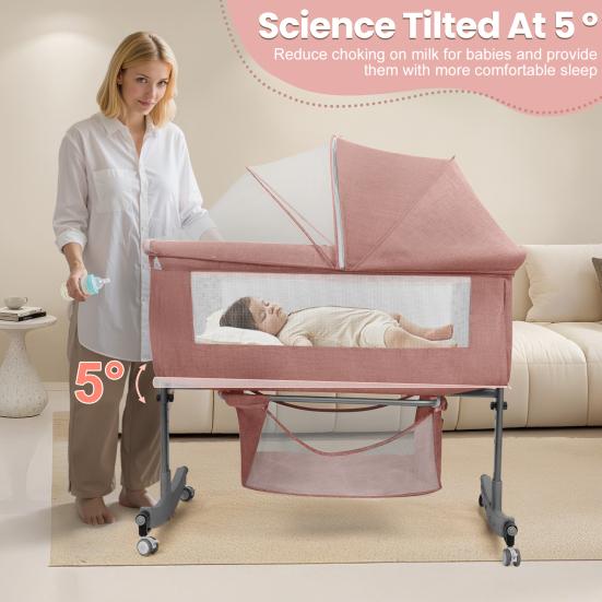 Babybett 3-in-1 Multifunktions-Beistellbett mit Aufbewahrungskorb, 6-stufig höhenverstellbar, Baby-Neugeborenen-Moskitonetz, Tragbare umwandelbare Wiege