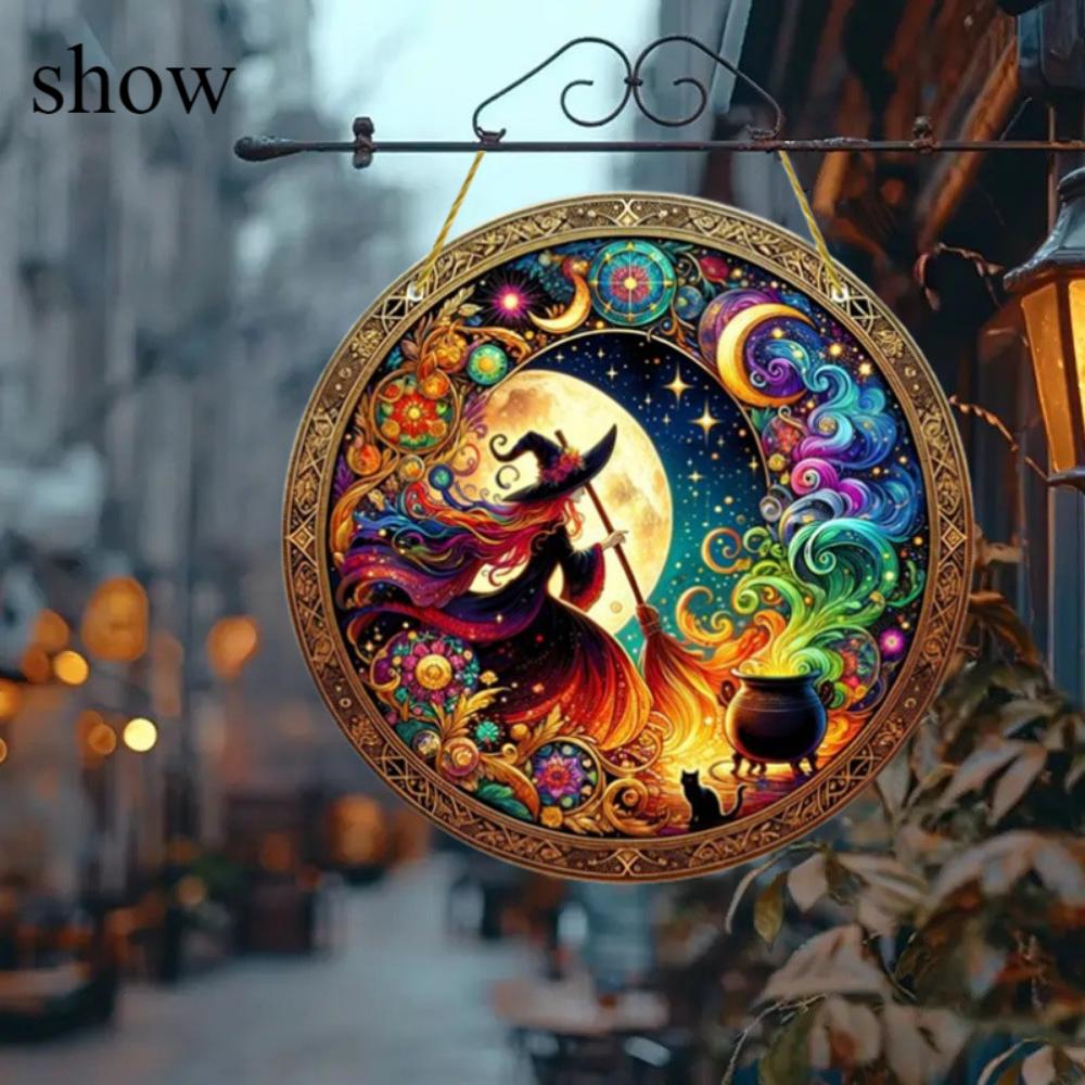 2D Flat Halloween Witch Print Art Window Hanging Dream Catcher, Acrylic Round Wreath Decoration, Indoor and Outdoor Porch Home Accessories