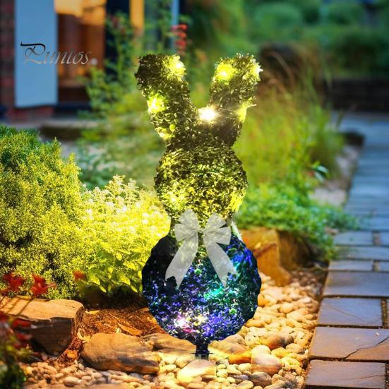 1/2Pcs Easter Bunny Artificial Plants Stake with LED Light Strip Outdoor Garden Patio Yard Lawn Bowknot Rabbit Faux Greenery Spike Decoration