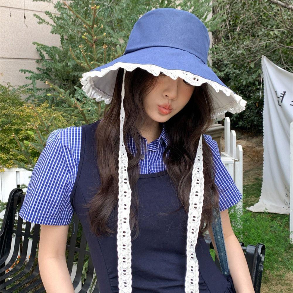 Sweet Lace Ribbon Hat French Style Women's Sun Hat Fashion Cowboy Fisherman Hat  Spring Summer