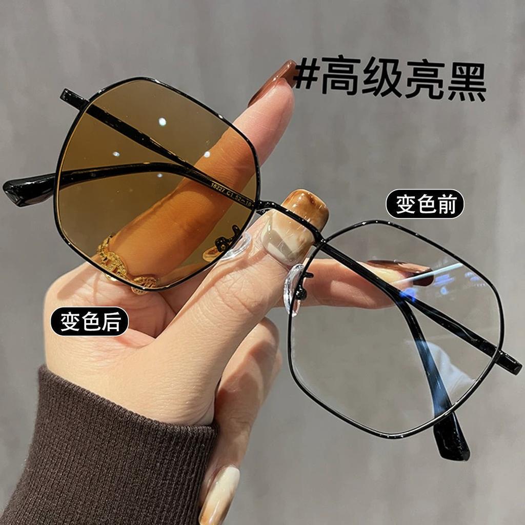 Gold wire thin frame color-changing myopia mirror atmosphere sweet wind ultra-light polygon advanced sense anti-blue light O