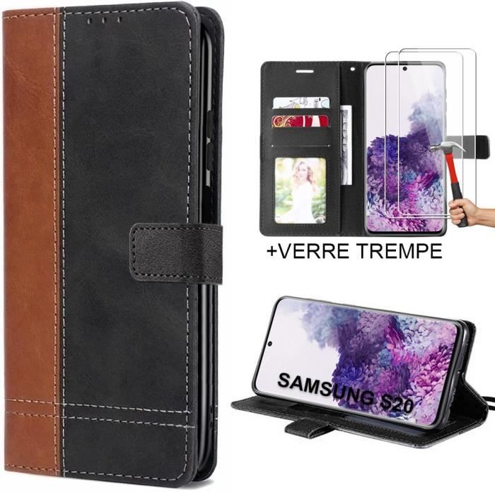 Coque et Verres Trempés - Samsung - S20 - Marron Bicolore - Anti-Rayures - Effet Cuir