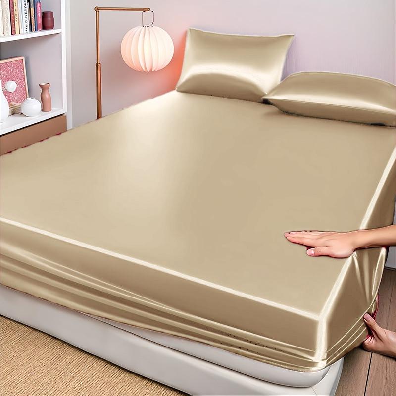 High-end Satin Fitted Sheet with Elastic Band Solid Color Silky Bed Sheet Smooth Non-Slip Mattress Cover Bedspreads Bed Linen