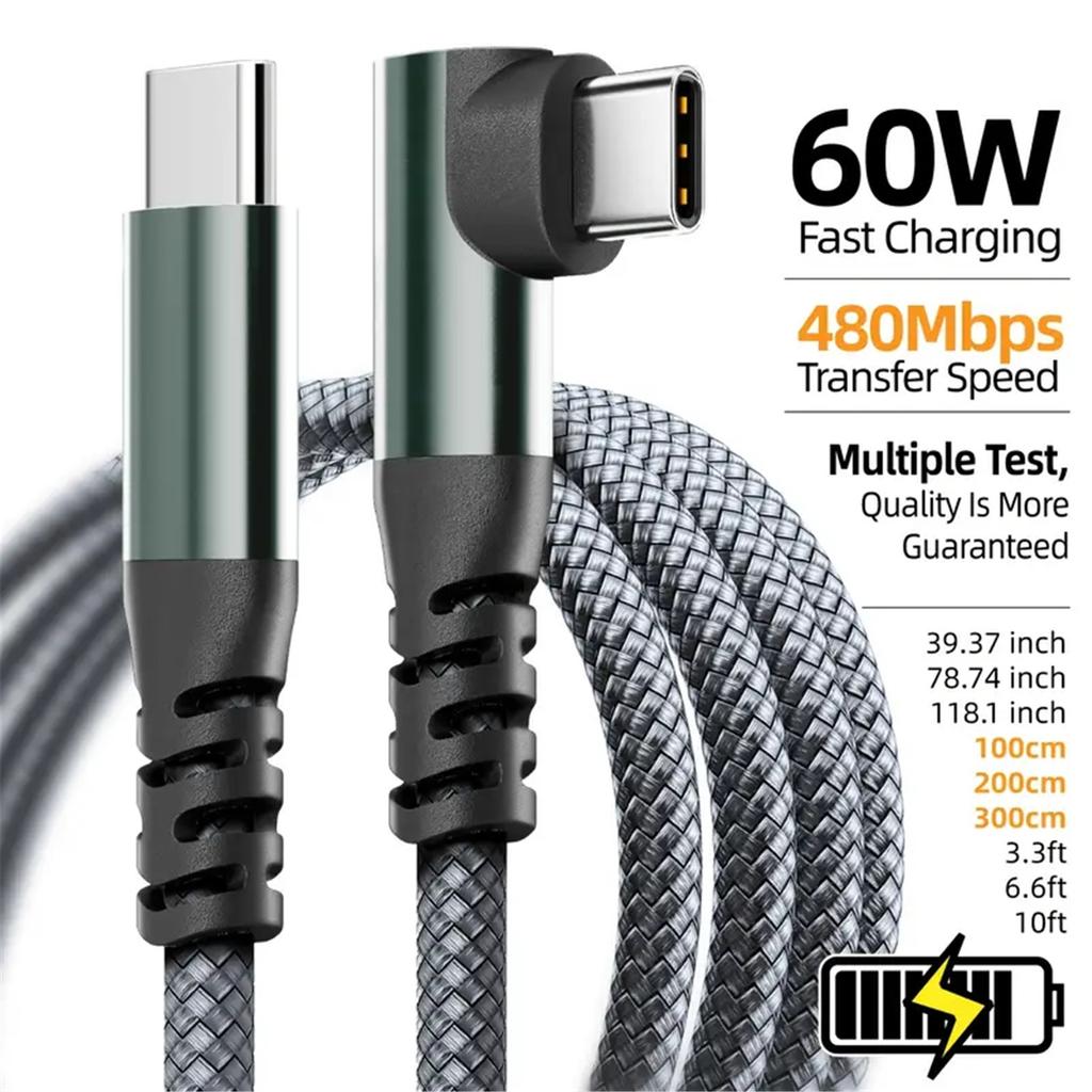 90° USB‑C to USB‑C Cable 1M 2M 3M 10FT,60W PD Fast Charging Data Sync Nylon Braided Type‑C Charging Cord for iPhone 15 15Plus 15Pro Max Android Tablet
